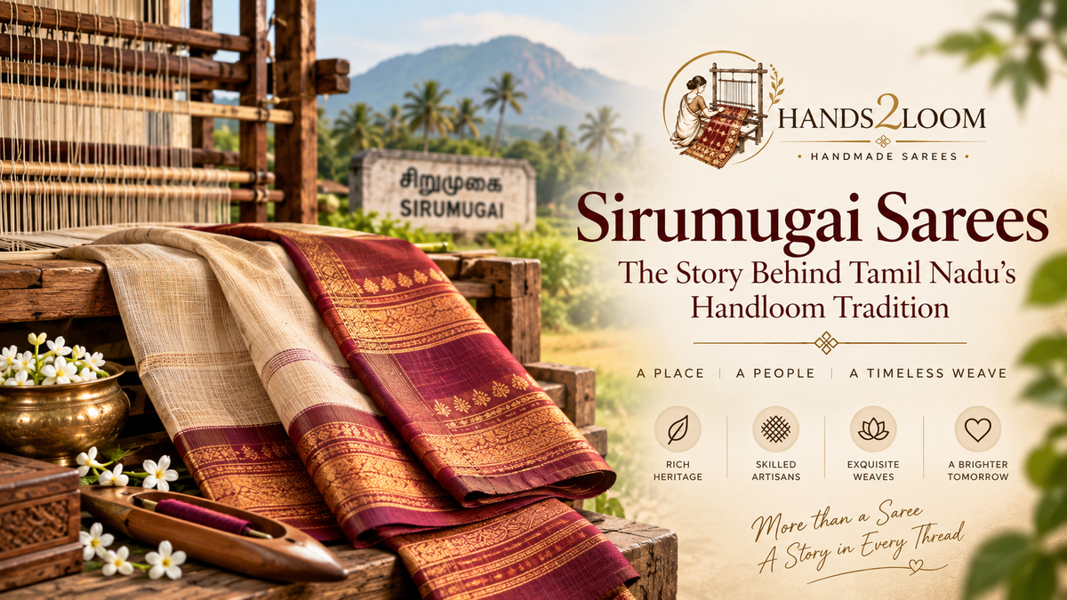 “Sirumugai sarees and traditional handloom weaving in Tamil Nadu, showcasing skilled artisans, handwoven sarees and the textile heritage of Sirumugai by Hands2Loom.”