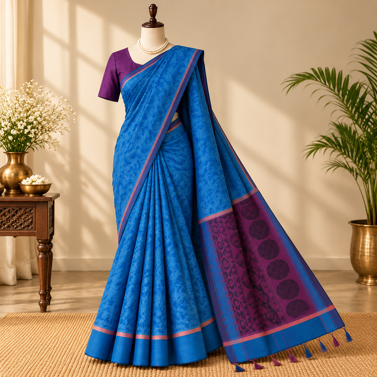 Royal blue saree with intricate woven pattern, purple pallu and blouse, contrasting pink border, and colorful tassel detailing displayed on a mannequin.