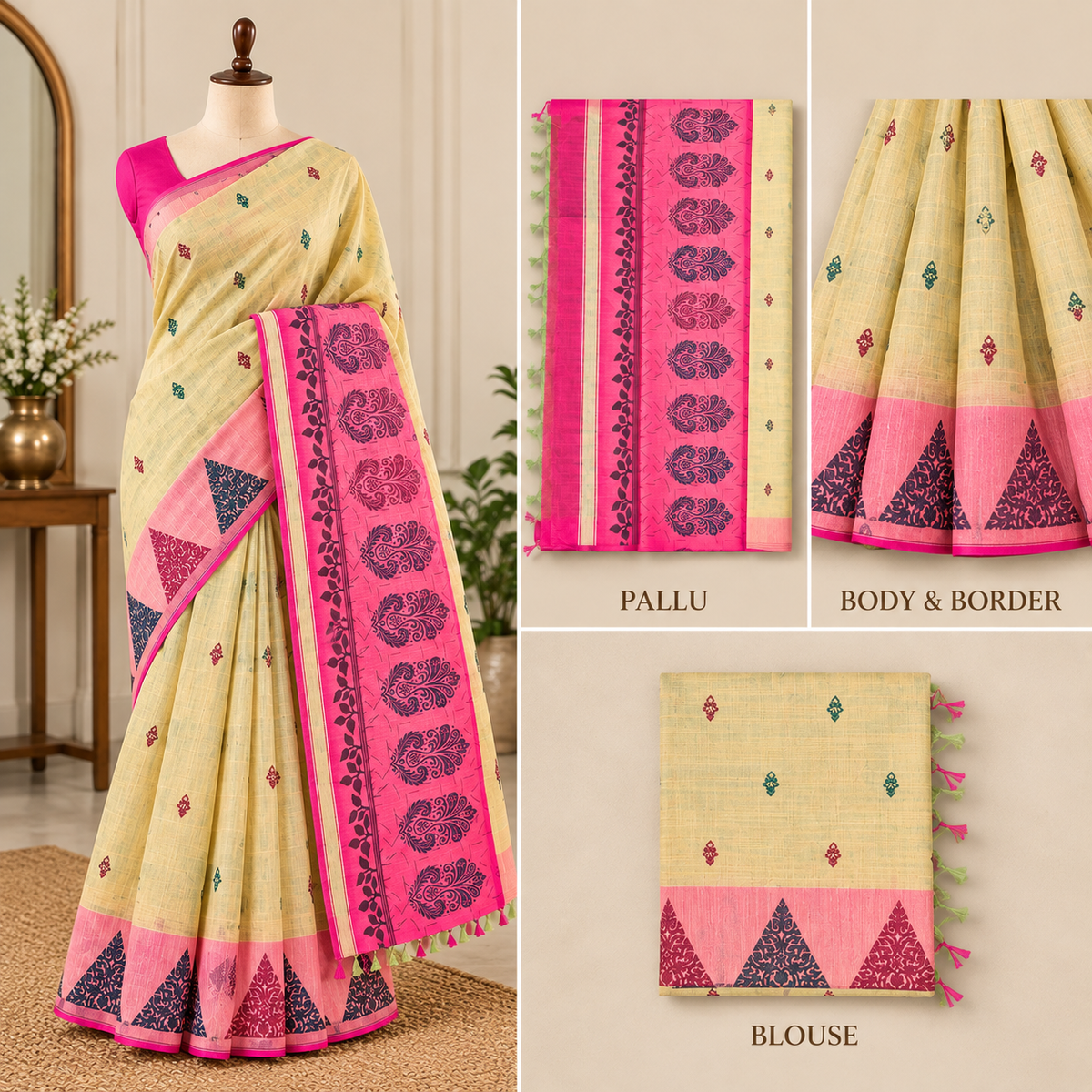 Lime green and pink Sirumugai Thari saree displayed on a mannequin, featuring a pink patterned pallu, contrasting geometric border, multicolour motifs and matching blouse.
