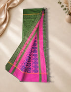 Banana Pith Fibre Saree- Green with pink border