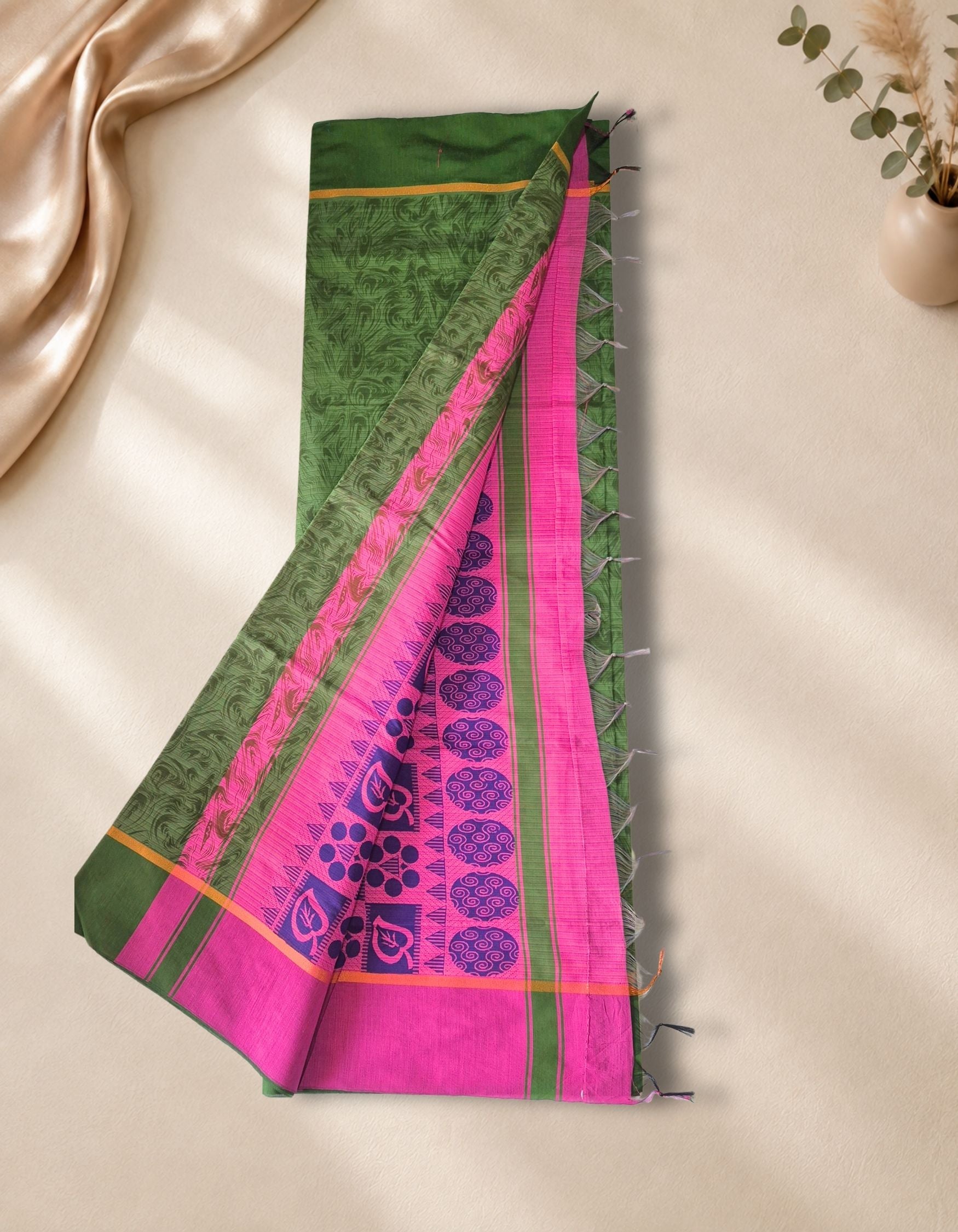 Banana Pith Fibre Saree- Green with pink border