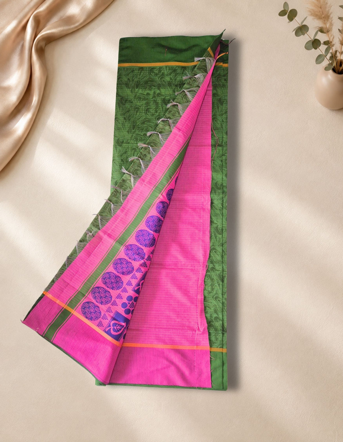 Banana Pith Fibre Saree- Green with pink border