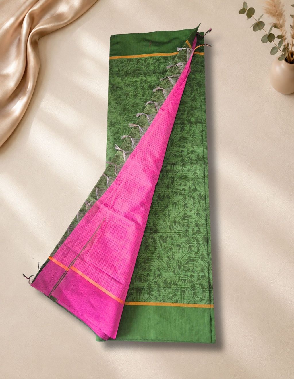 Banana Pith Fibre Saree- Green with pink border