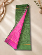 Banana Pith Fibre Saree- Green with pink border