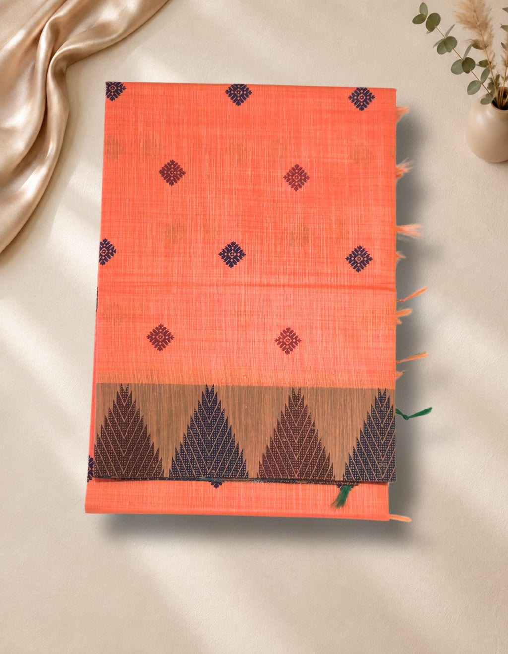 Banana Pith Fibre with Silk- Mild Orange & Blue border