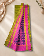 Banana Pith Fibre Saree- Dim parrot green with pink border