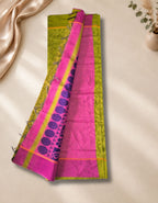 Banana Pith Fibre Saree- Dim parrot green with pink border