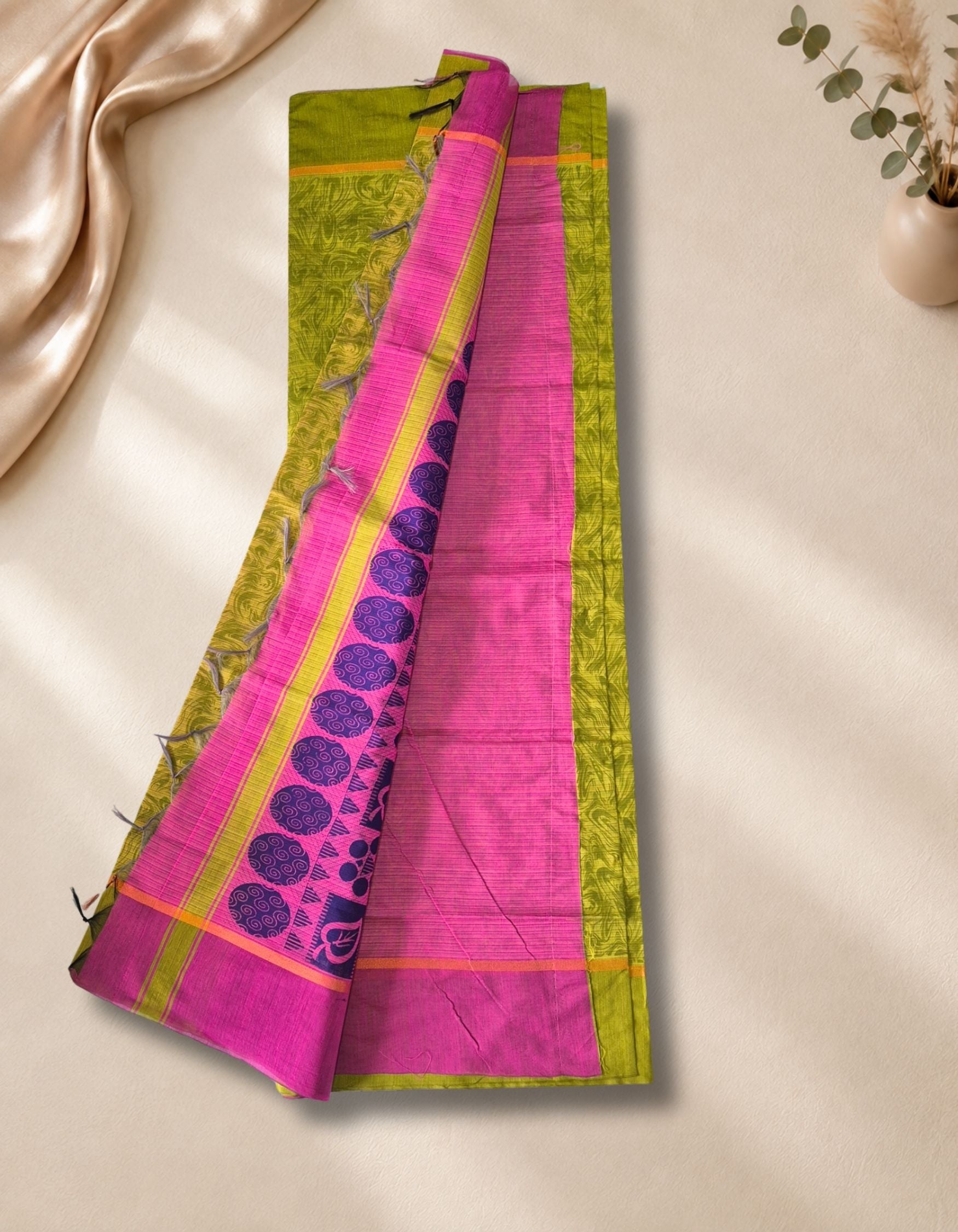 Banana Pith Fibre Saree- Dim parrot green with pink border