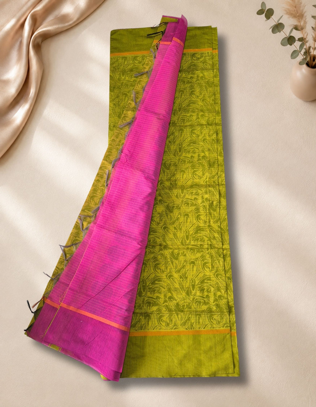 Banana Pith Fibre Saree- Dim parrot green with pink border
