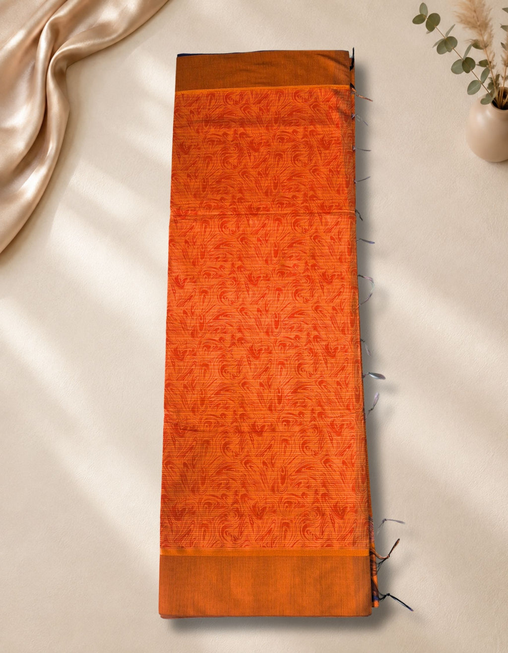 Banana Pith Fibre Saree- Orange with blue border