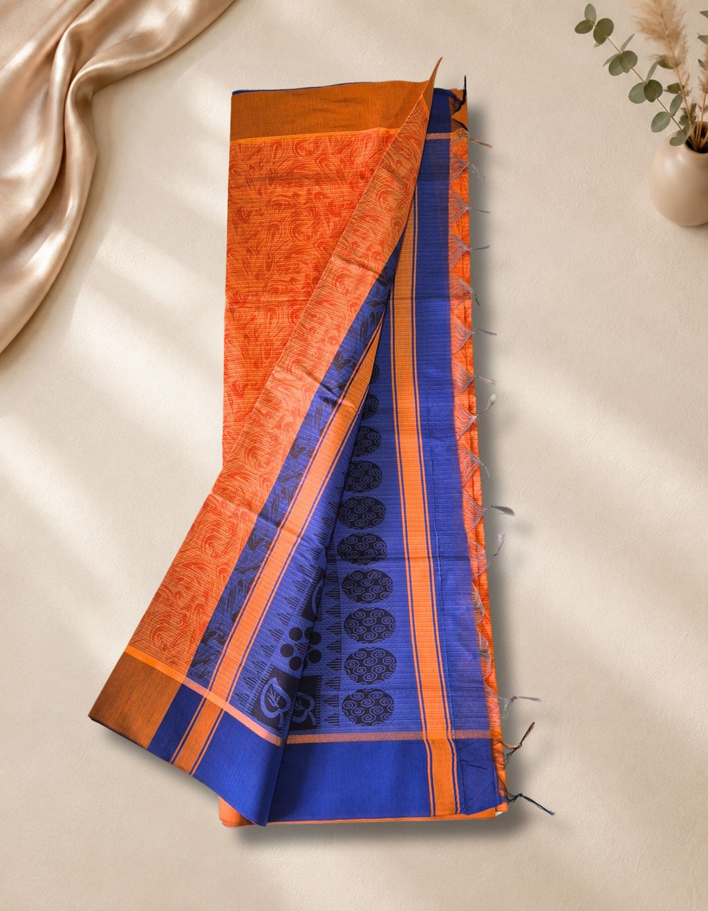Banana Pith Fibre Saree- Orange with blue border