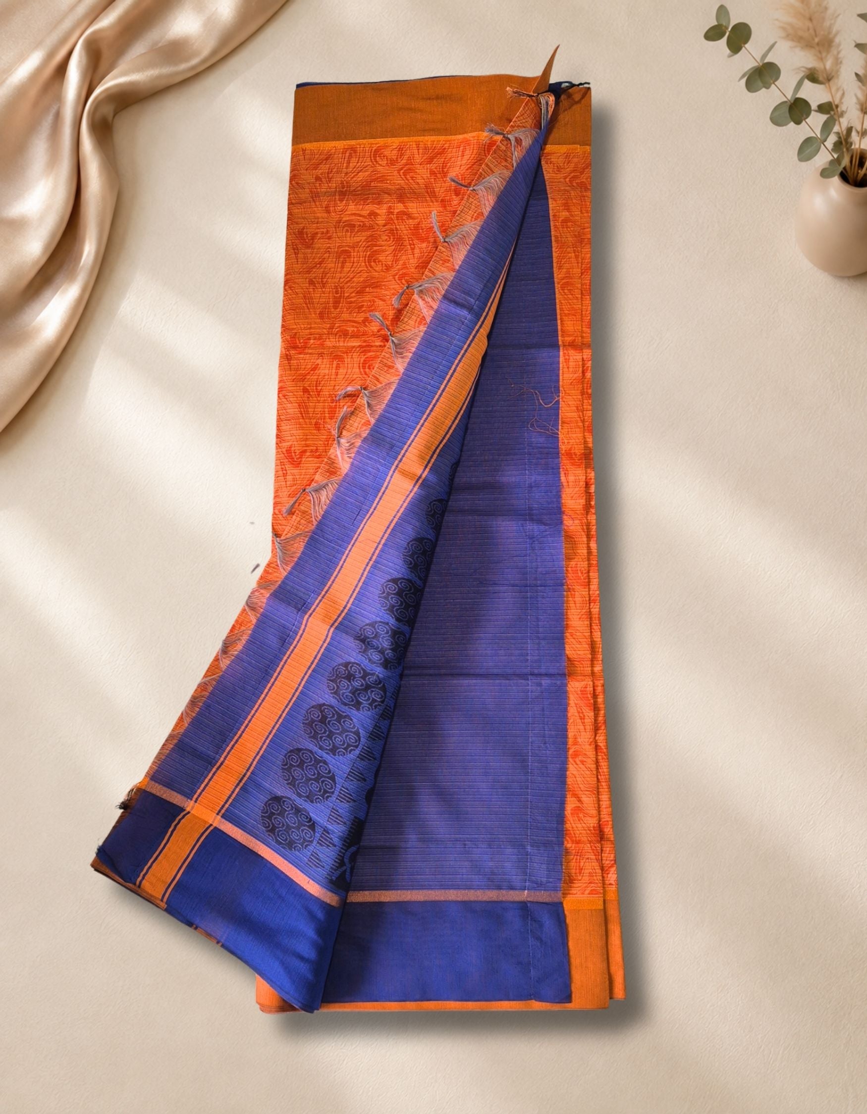 Banana Pith Fibre Saree- Orange with blue border
