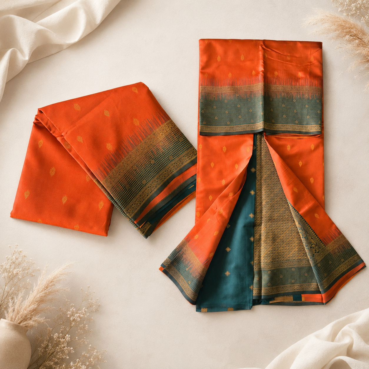Pure Silk Saree - Orange Teal
