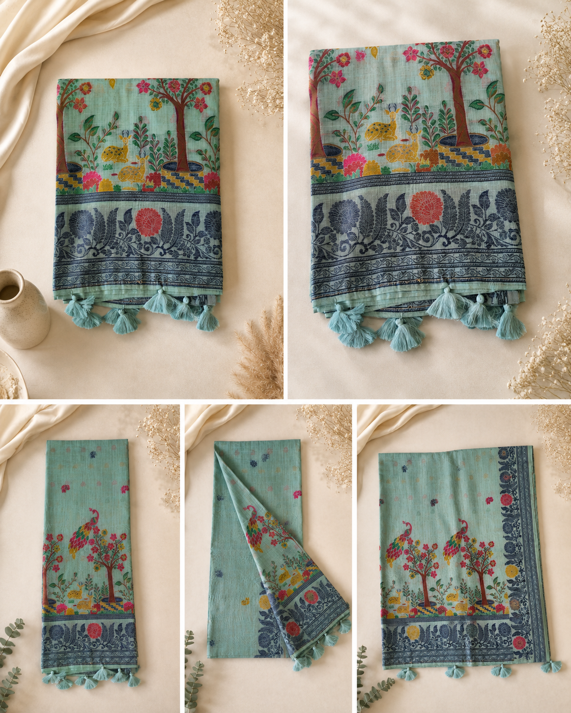 Pure Linen Saree - Teal Green