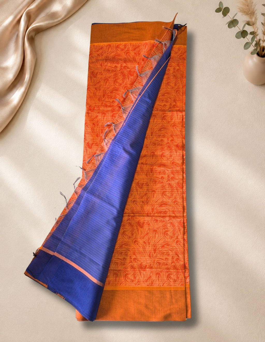 Banana Pith Fibre Saree- Orange with blue border