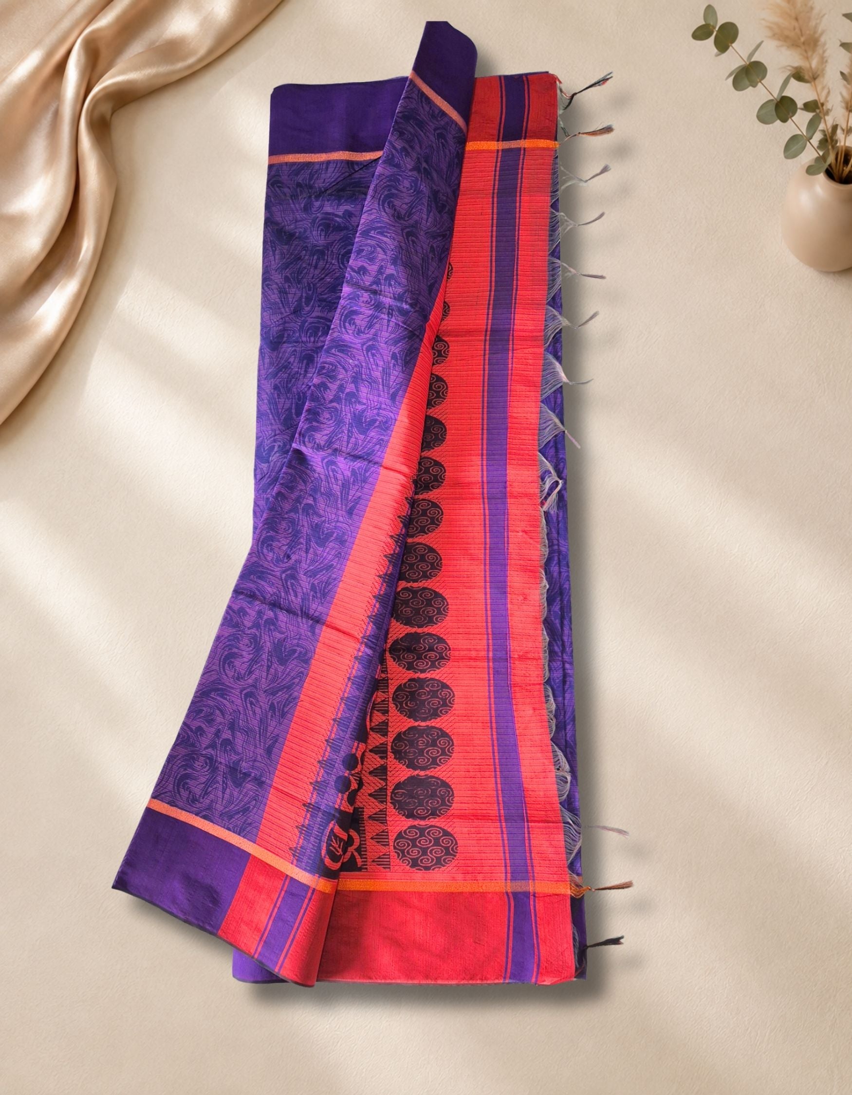 Banana Pith Fibre Saree- Blue with beige border
