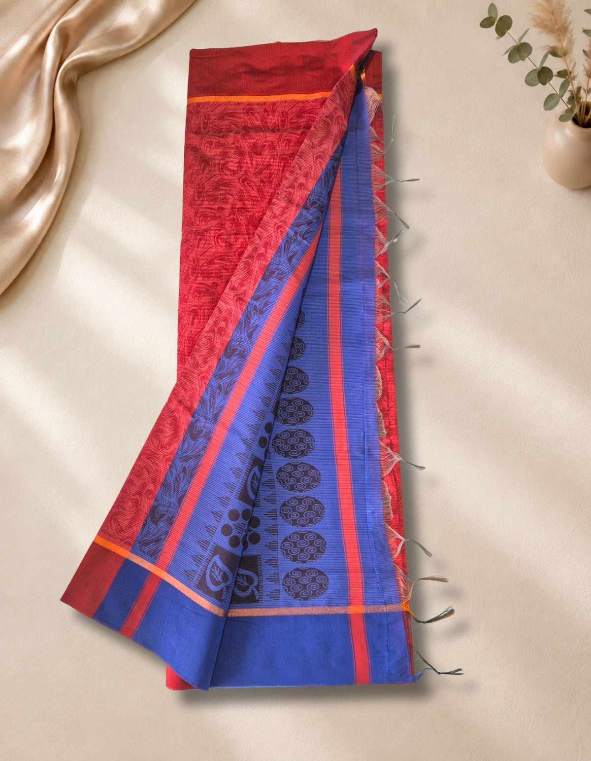 Banana Pith Fibre Saree- Red with blue border