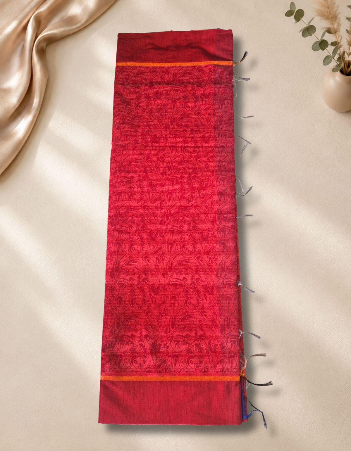 Banana Pith Fibre Saree- Red with blue border