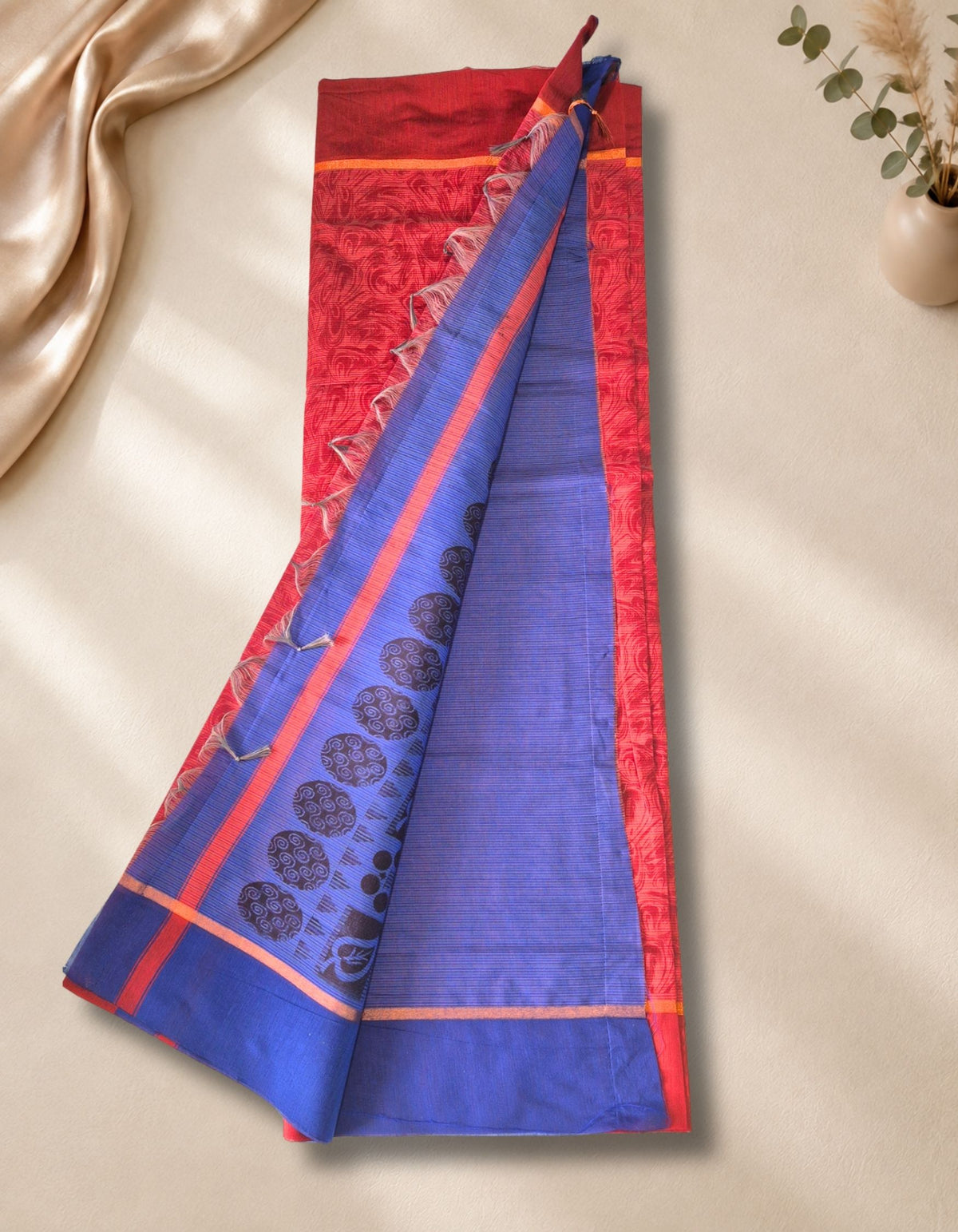 Banana Pith Fibre Saree- Red with blue border