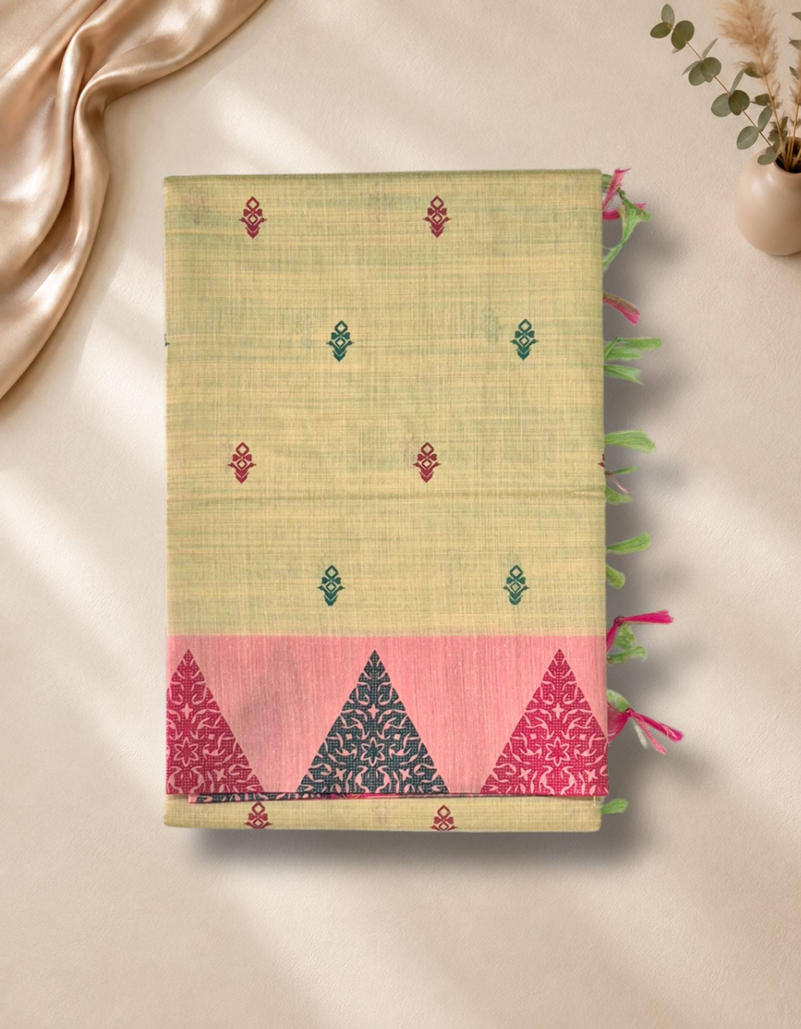 Banana Pith Fibre with Silk- Yellow green with pink border