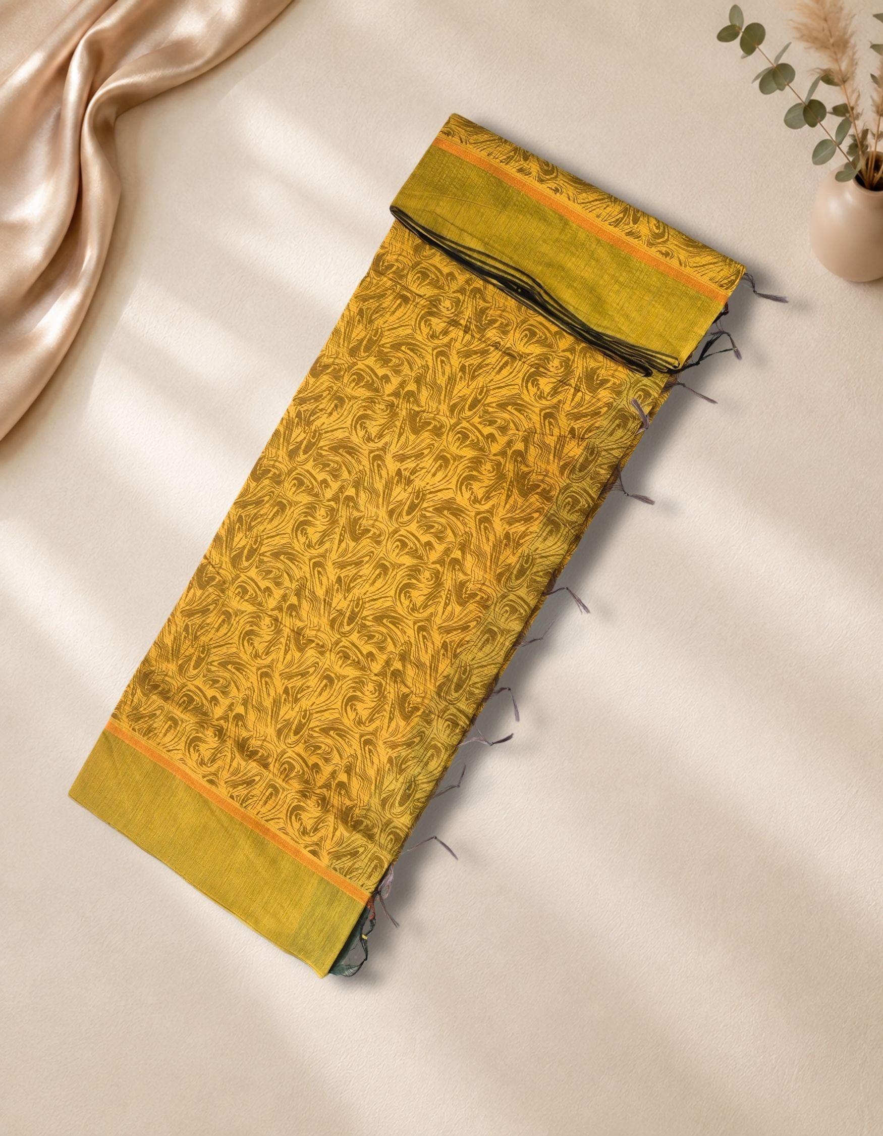 Banana Pith Fibre Saree- Mustard with Green border