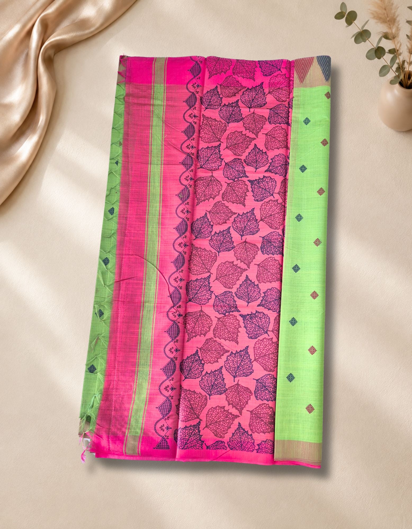 Banana Pith Fibre with Silk- bright lime green with pink border
