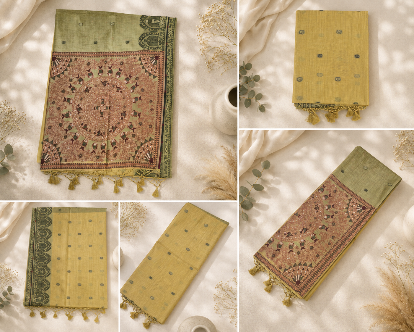 Khadi Cotton Saree - Olive Multi