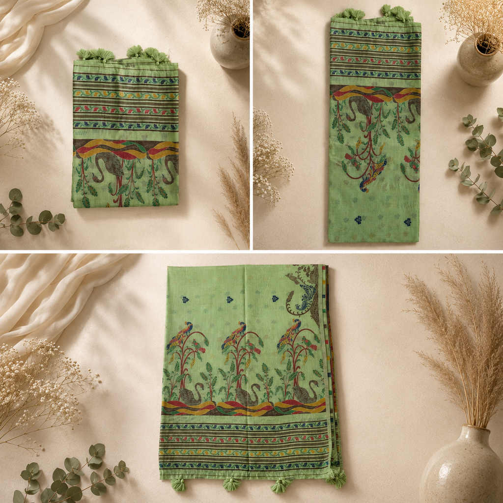 Pure Linen Saree - Olive Green