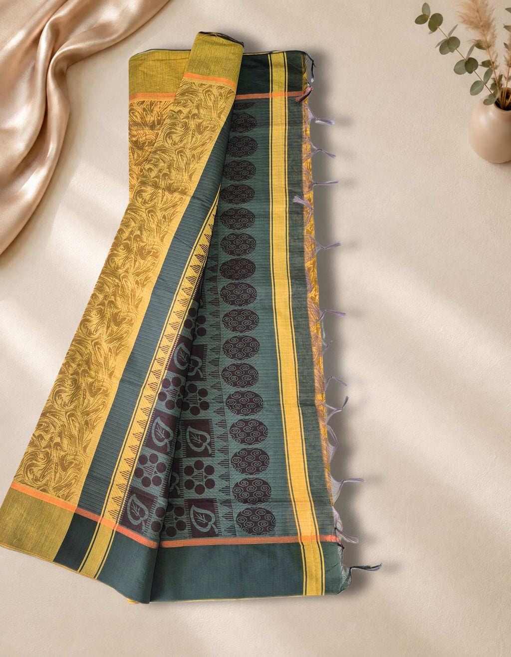 Banana Pith Fibre Saree- Mustard with Green border