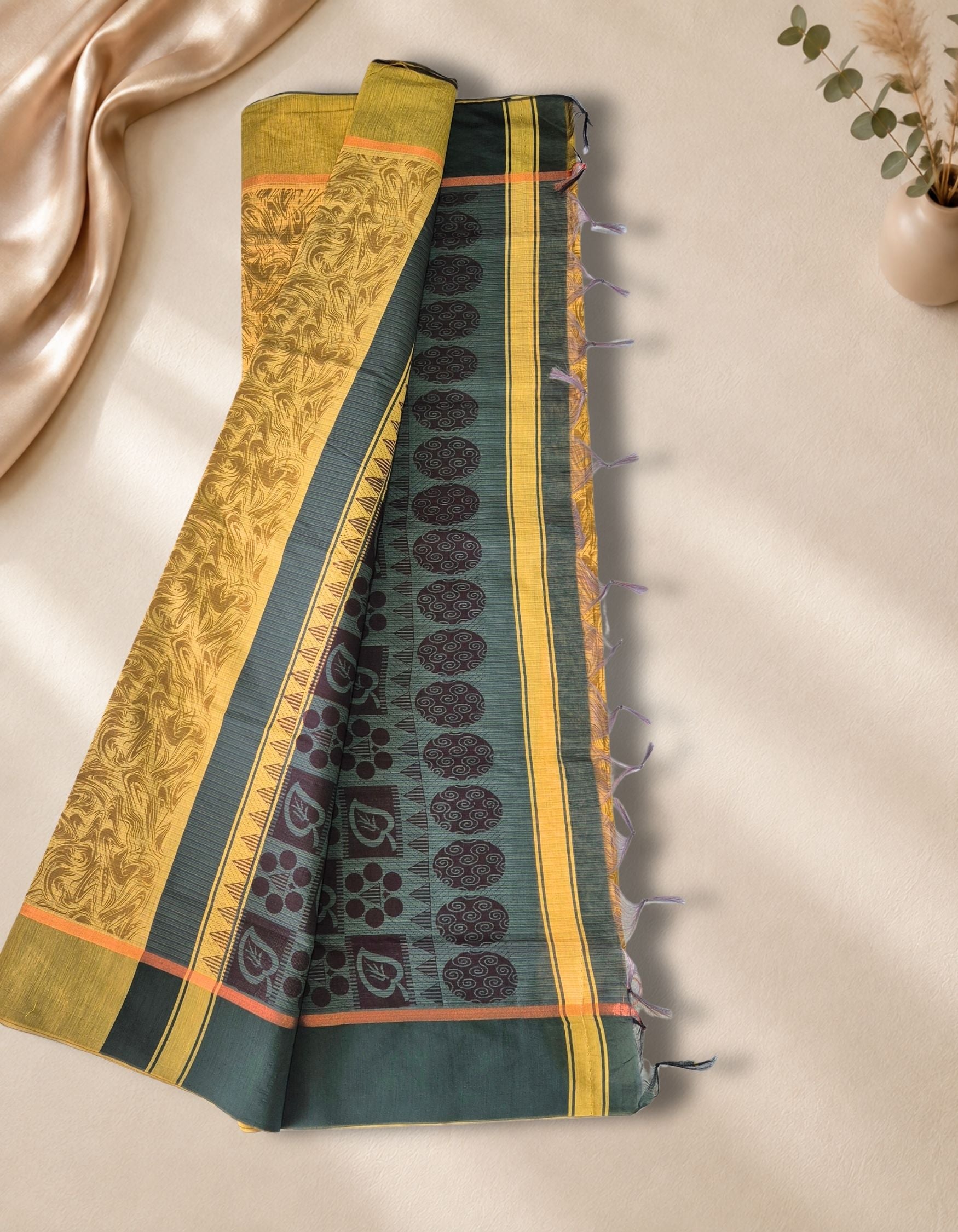 Banana Pith Fibre Saree- Mustard with Green border