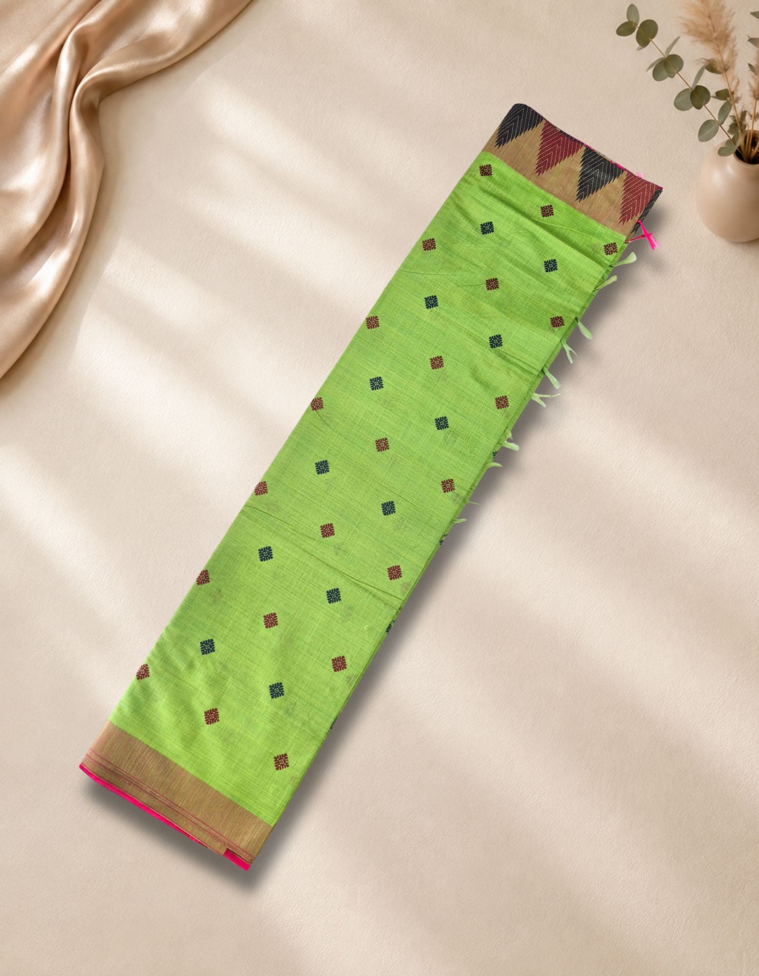 Banana Pith Fibre with Silk- bright lime green with pink border