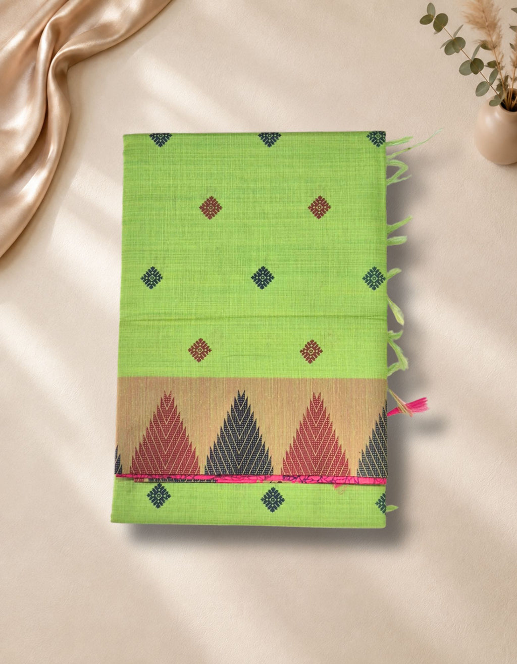 Banana Pith Fibre with Silk- bright lime green with pink border