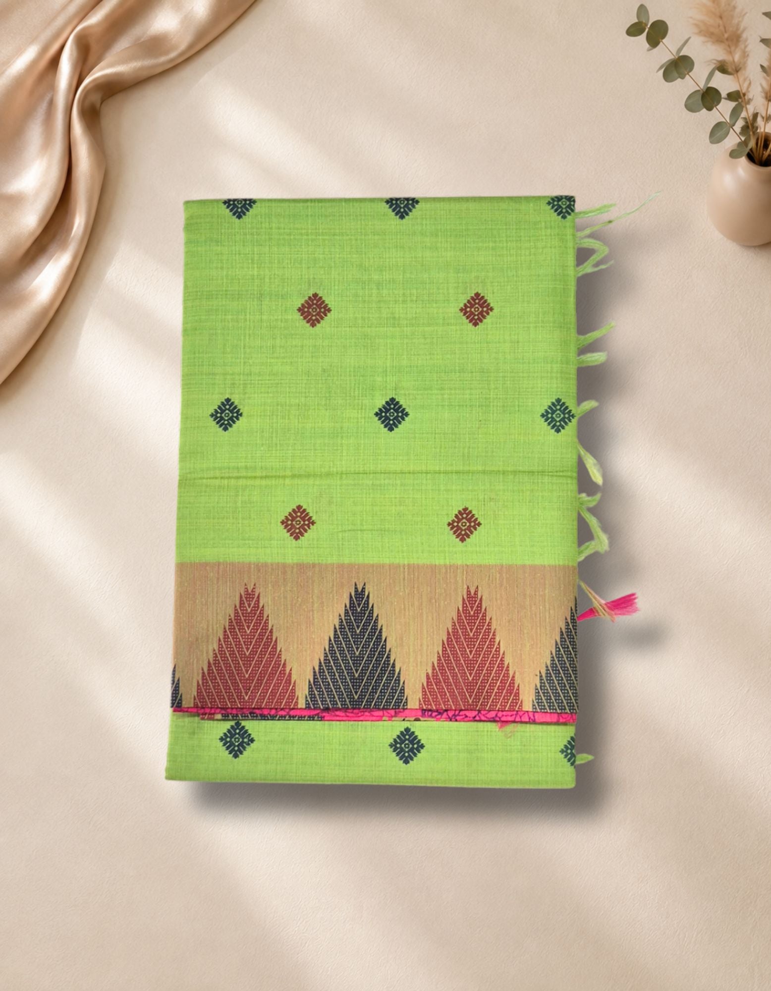 Banana Pith Fibre with Silk- bright lime green with pink border