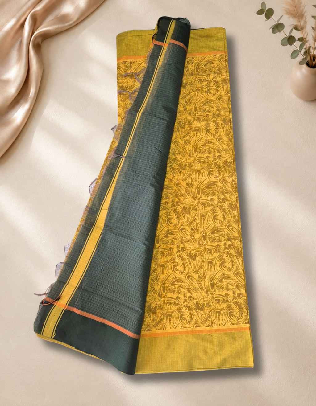 Banana Pith Fibre Saree- Mustard with Green border