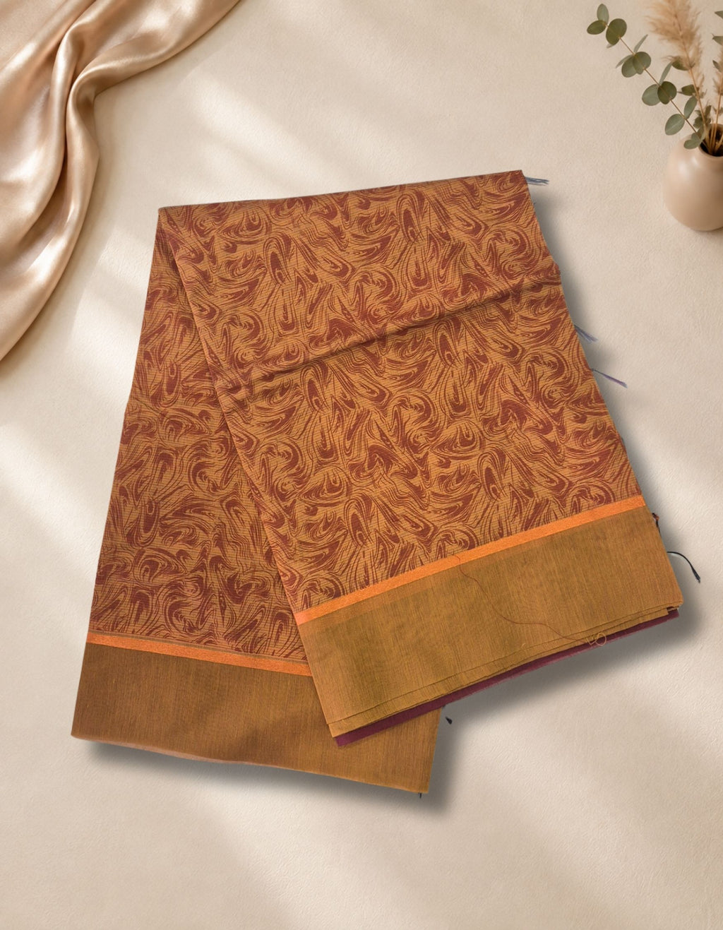 Banana Pith Fibre Saree- Floral orange with purple border