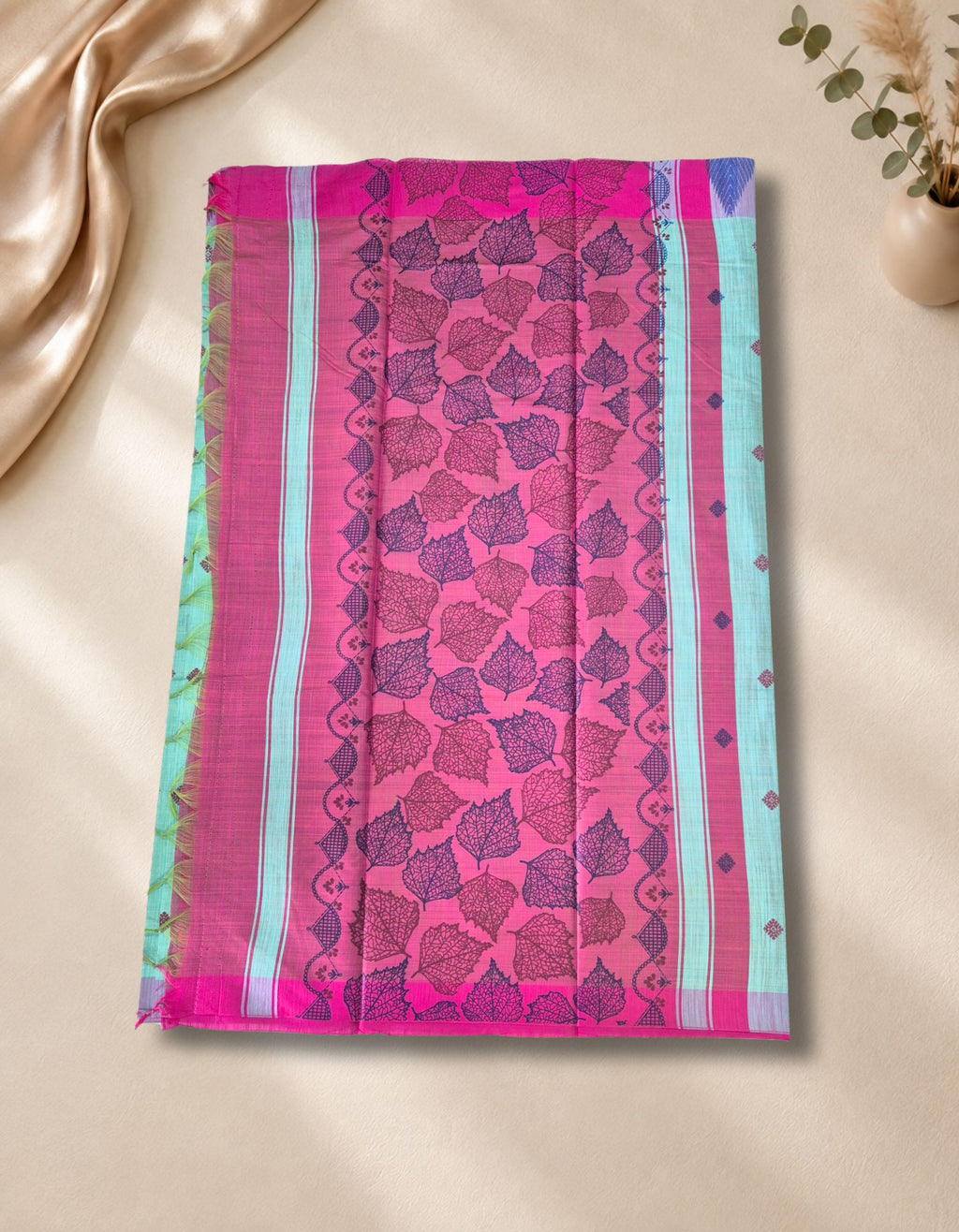 Banana Pith Fibre with Silk- mint green with pink border
