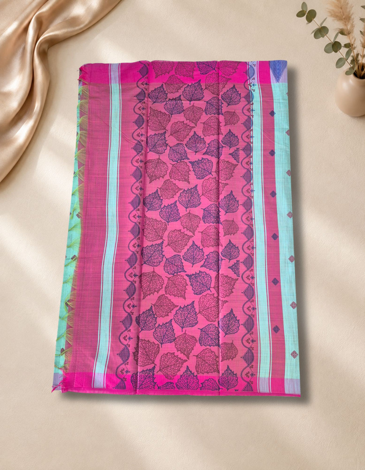 Banana Pith Fibre with Silk- mint green with pink border