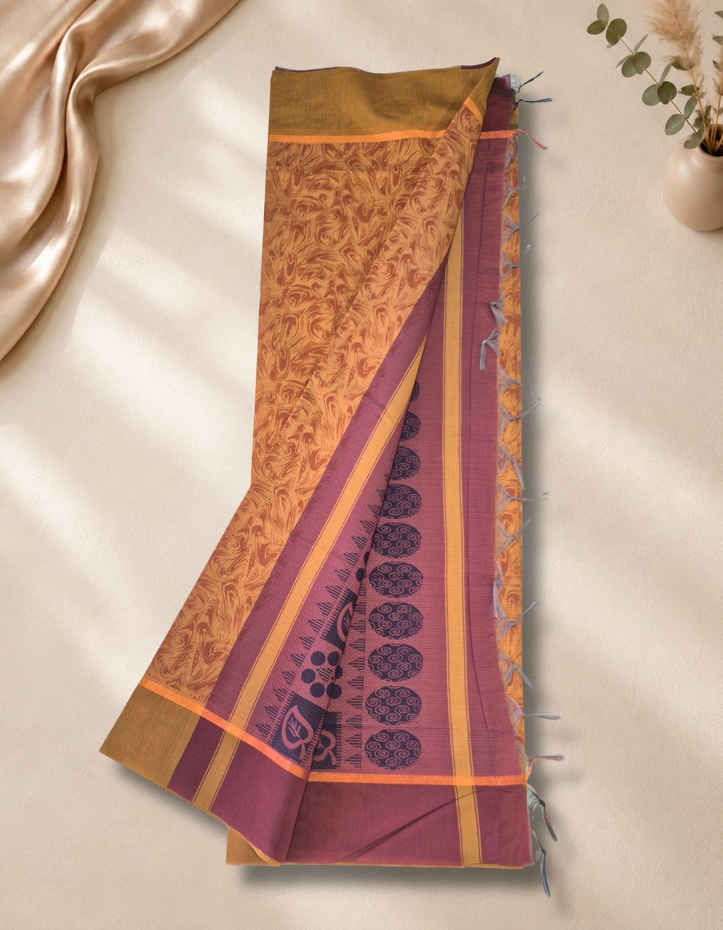 Banana Pith Fibre Saree- Floral orange with purple border