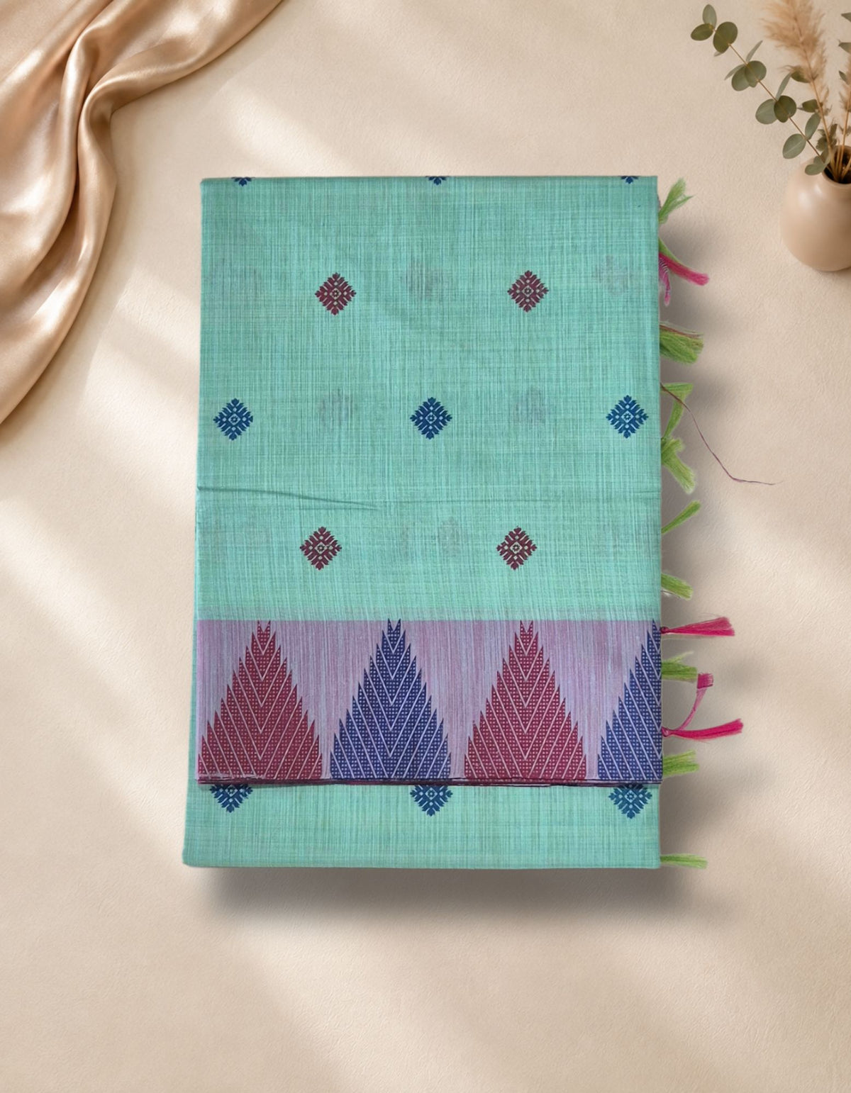 Banana Pith Fibre with Silk- mint green with pink border
