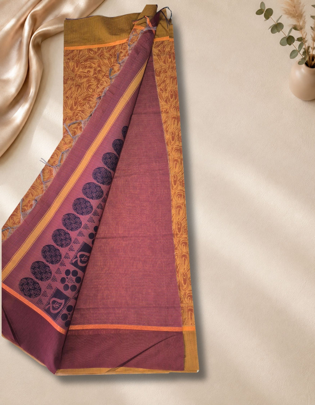 Banana Pith Fibre Saree- Floral orange with purple border