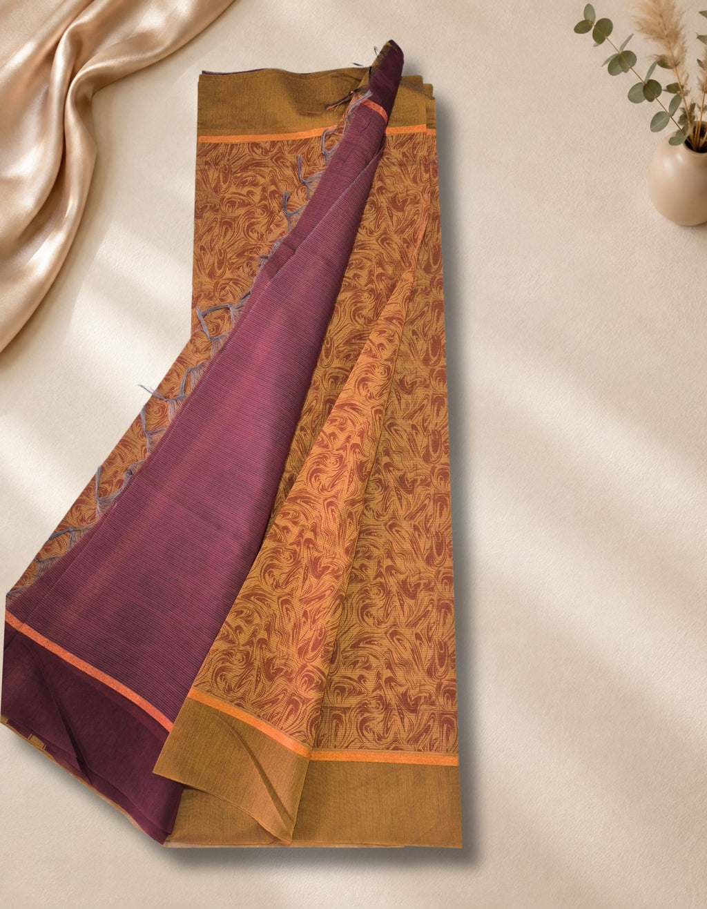 Banana Pith Fibre Saree- Floral orange with purple border