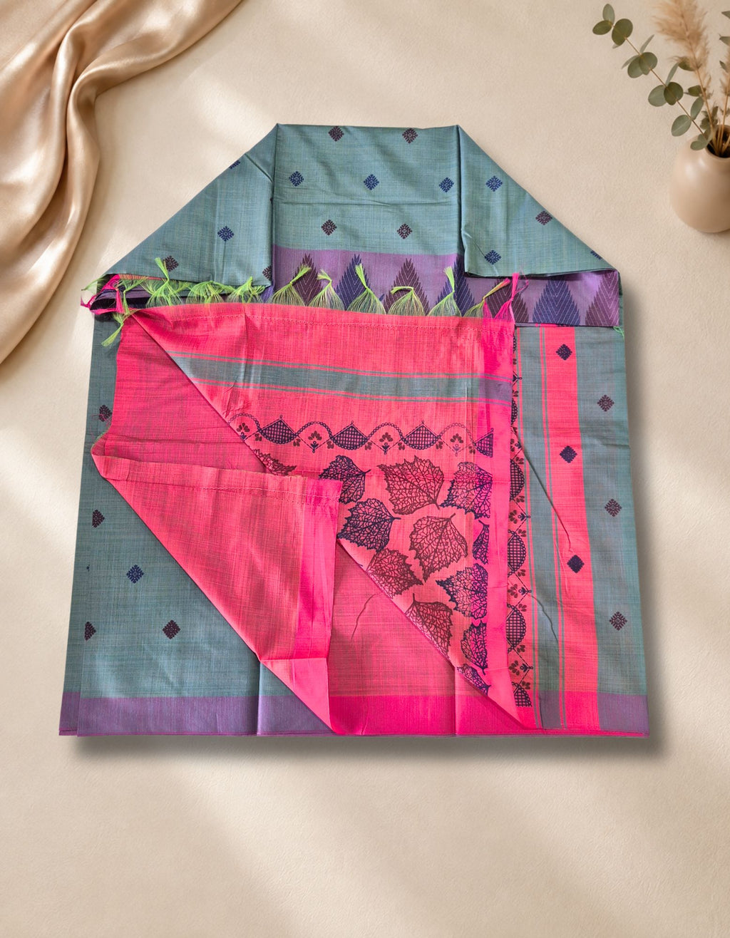 Banana Pith Fibre with Silk- Light Blue green with Pink border
