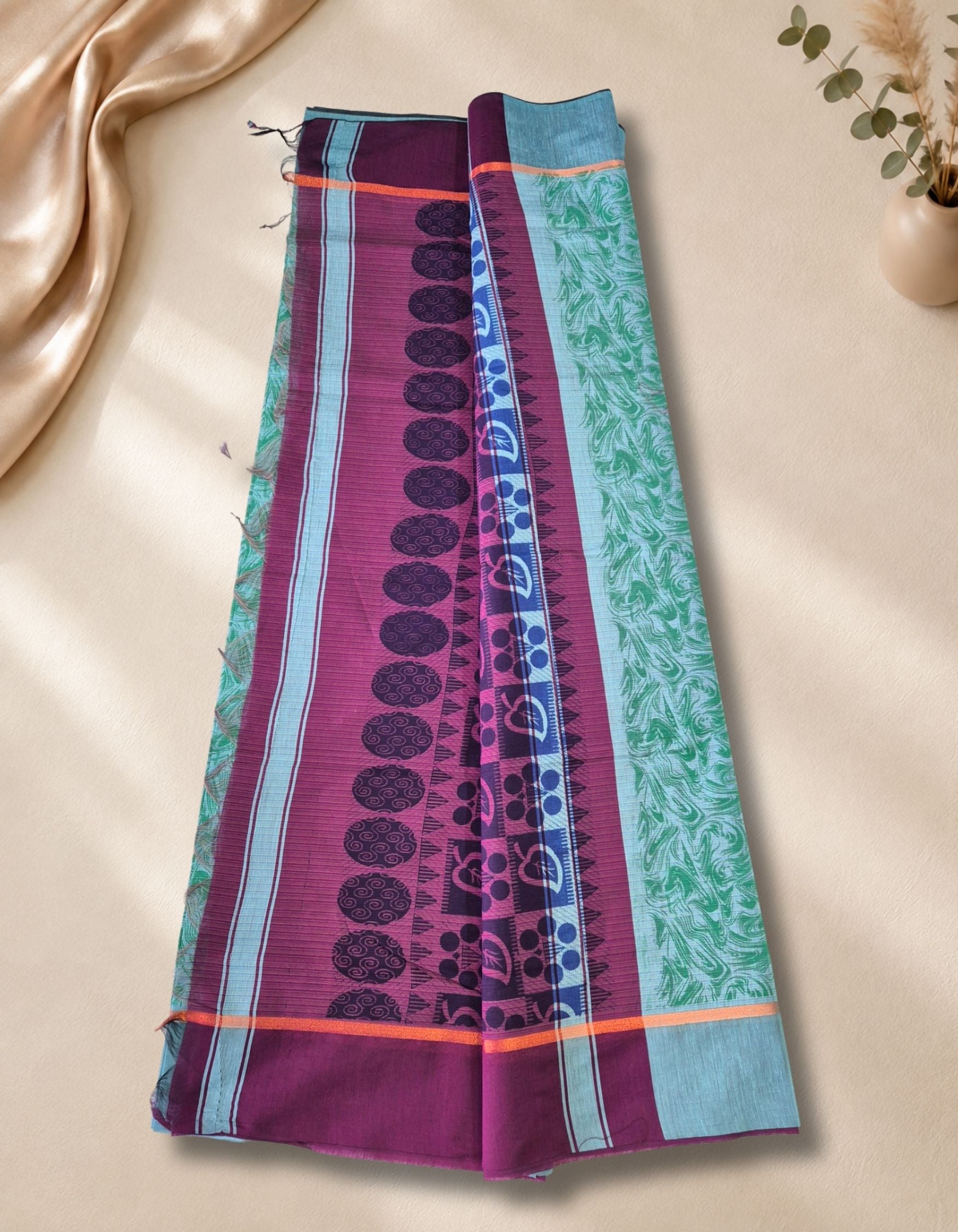 Banana Pith Fibre Saree- Light Blue with purple border