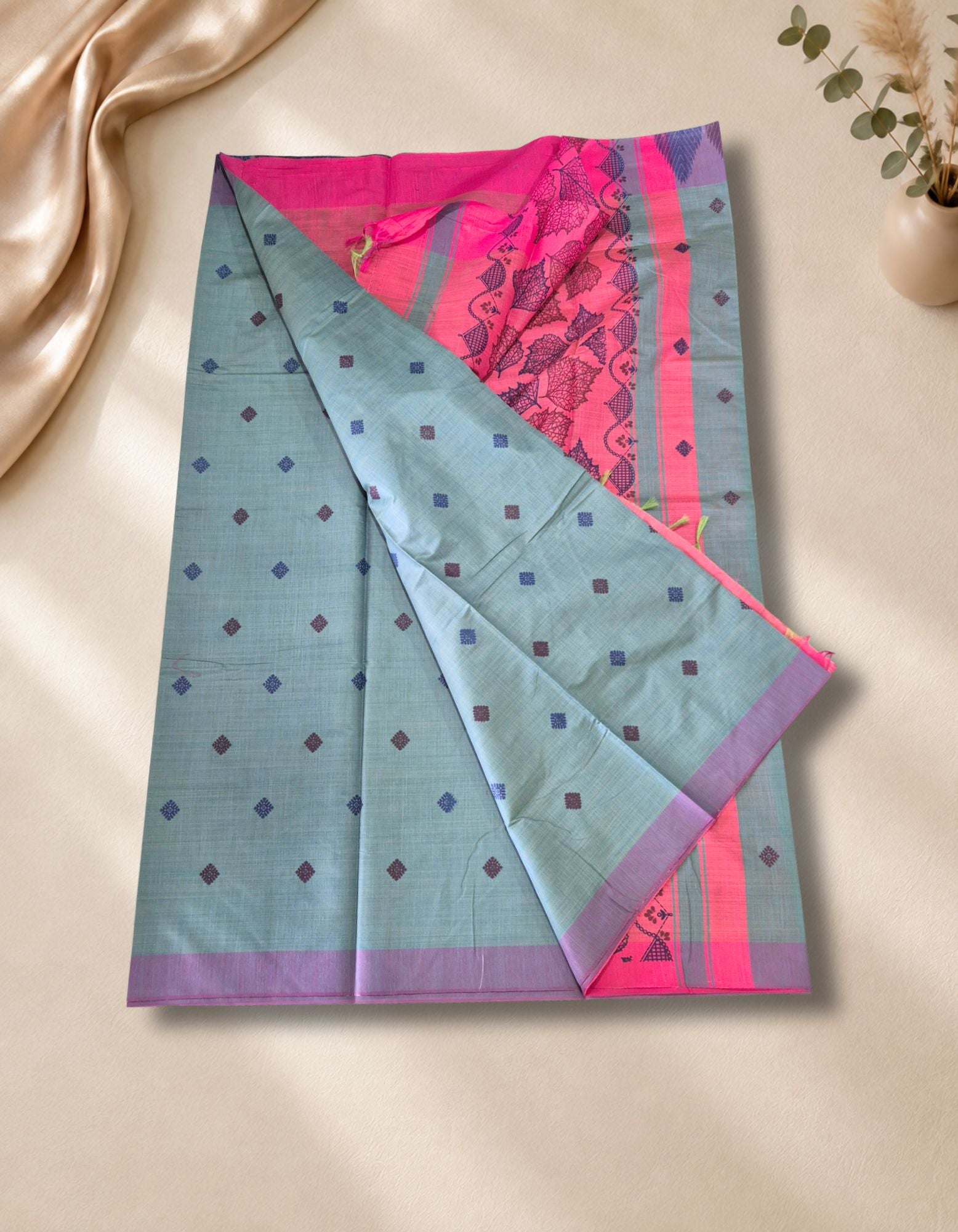 Banana Pith Fibre with Silk- Light Blue green with Pink border