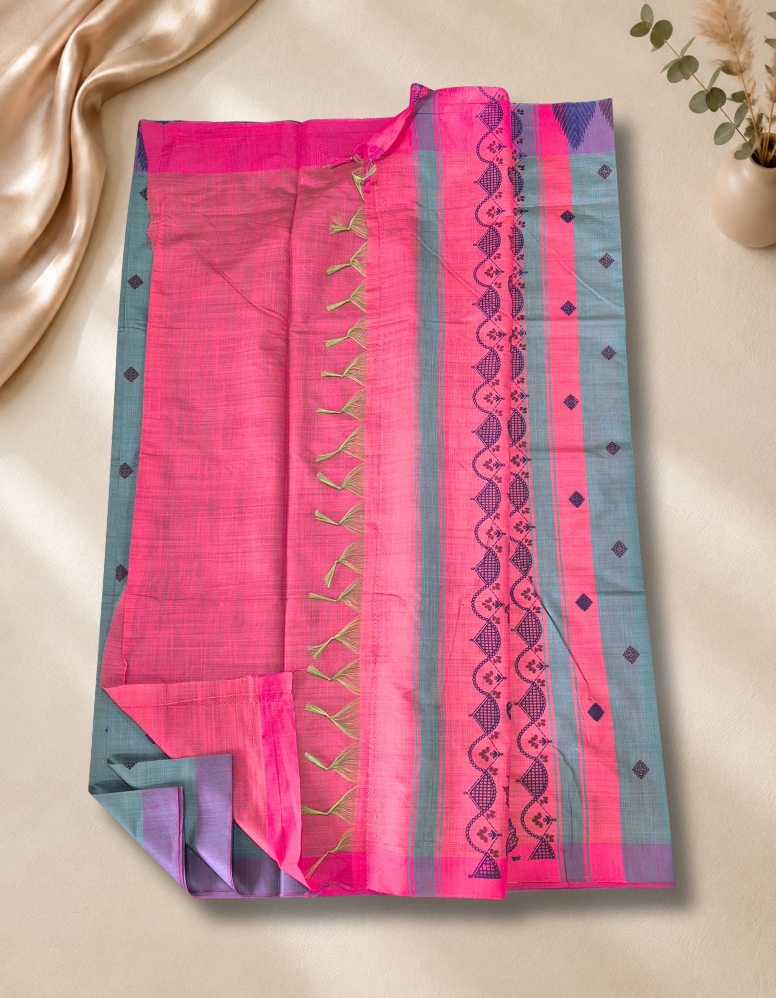 Banana Pith Fibre with Silk- Light Blue green with Pink border