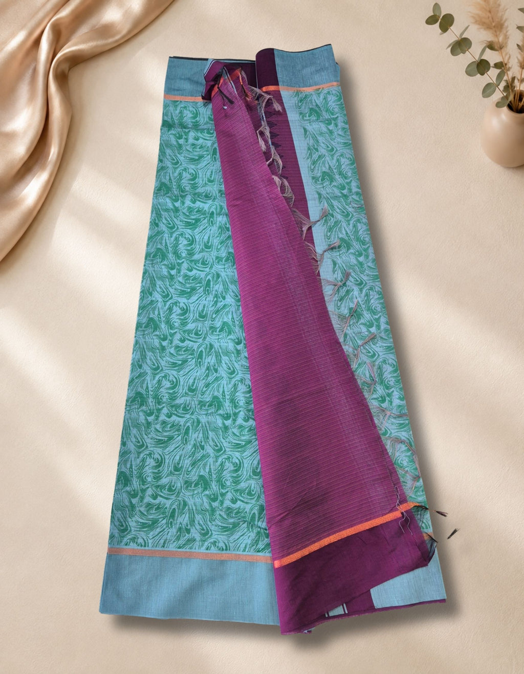 Banana Pith Fibre Saree- Light Blue with purple border