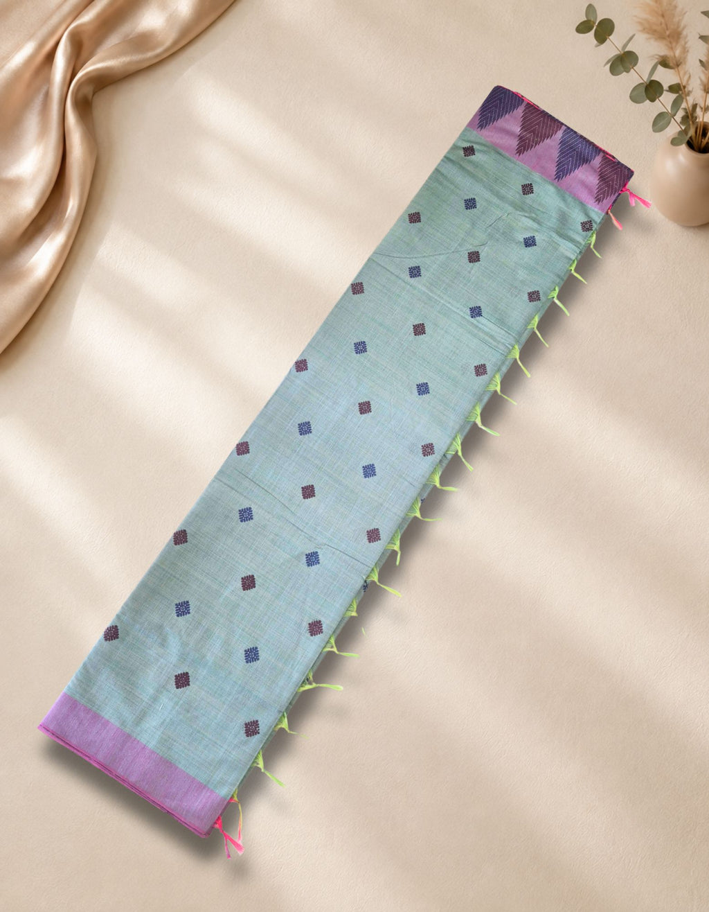 Banana Pith Fibre with Silk- Light Blue green with Pink border