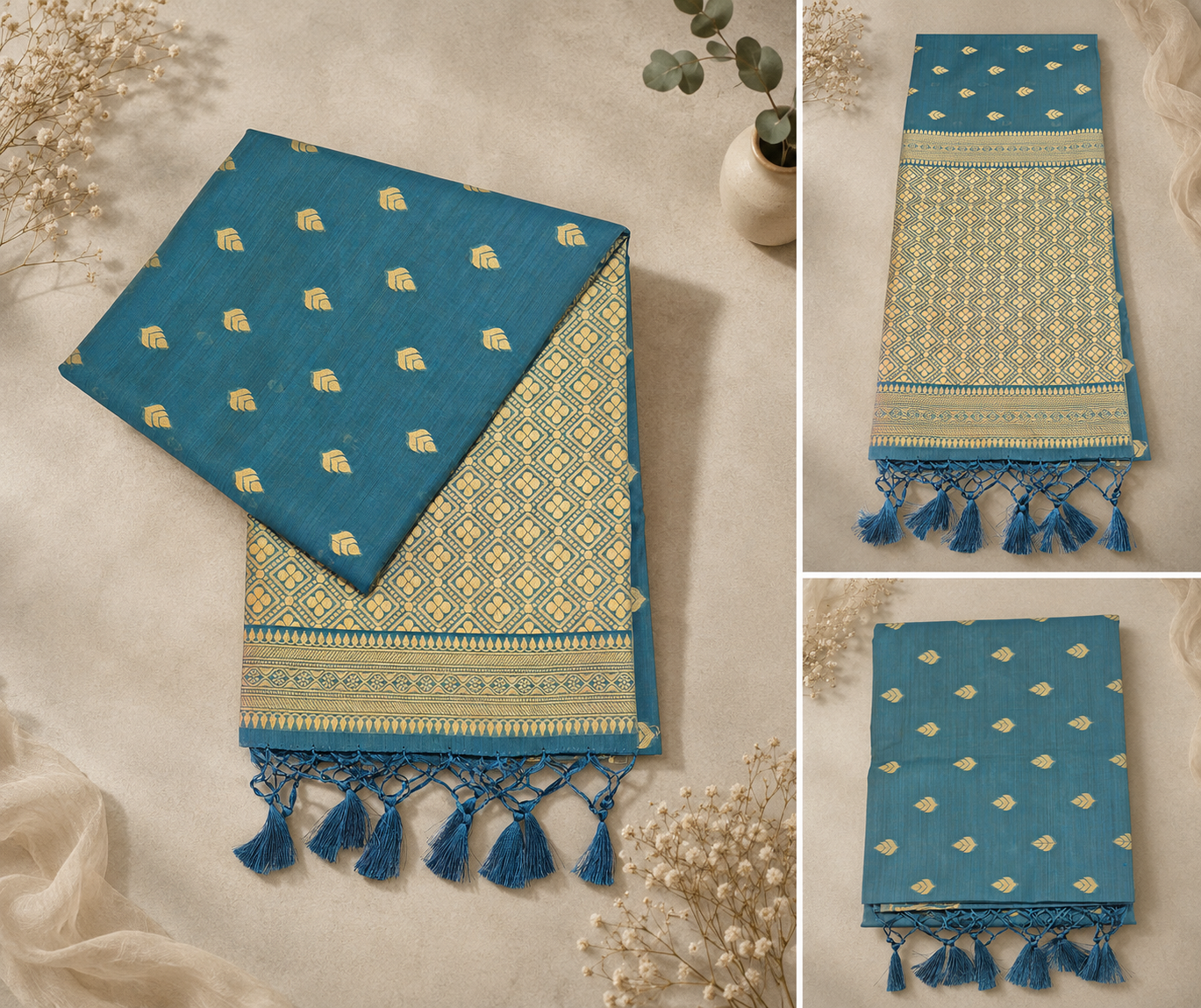Mulberry with Cotton Saree - Teal Blue