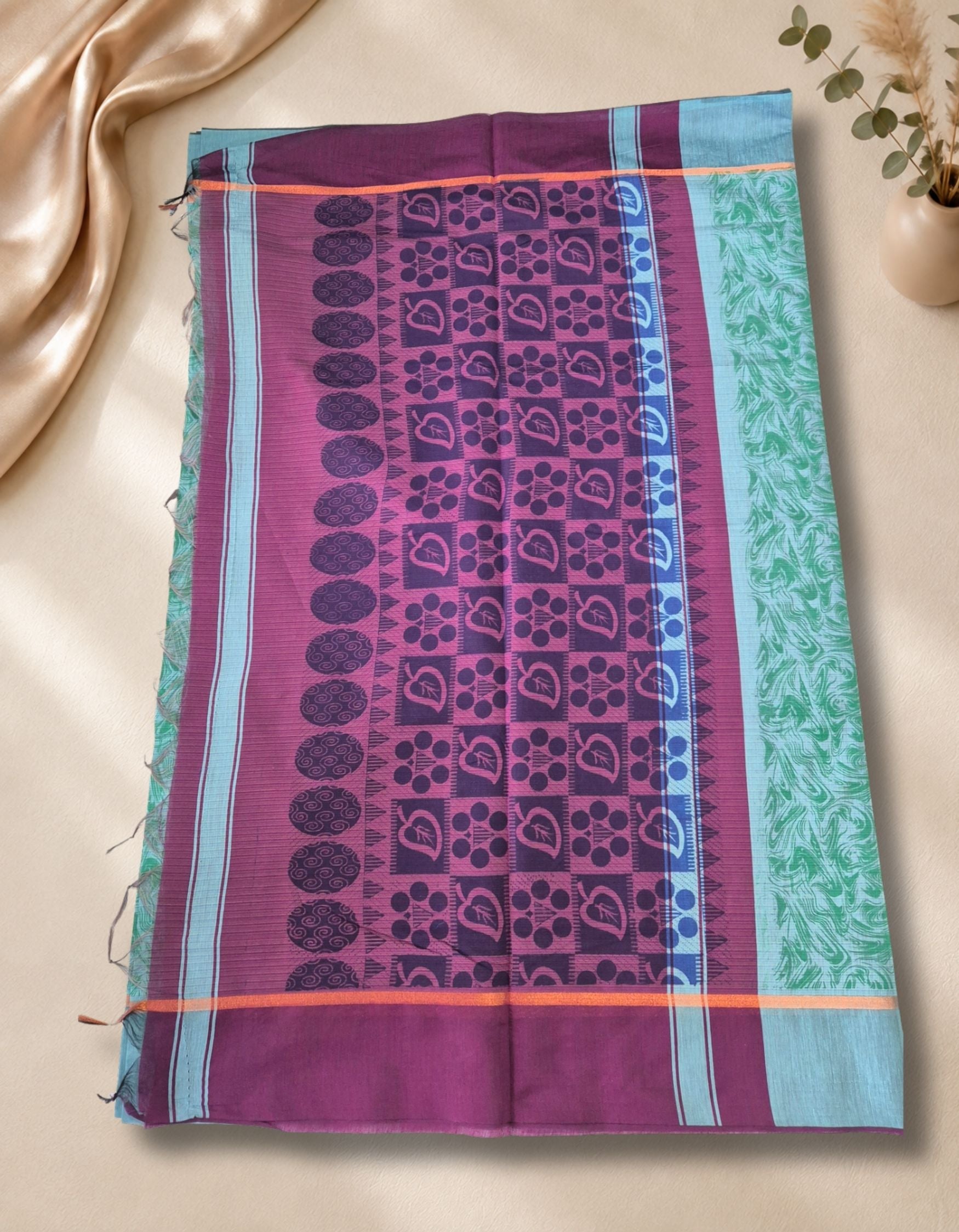 Banana Pith Fibre Saree- Light Blue with purple border
