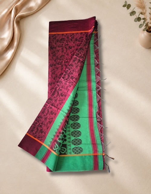 Banana Fibre Saree- Red with green border